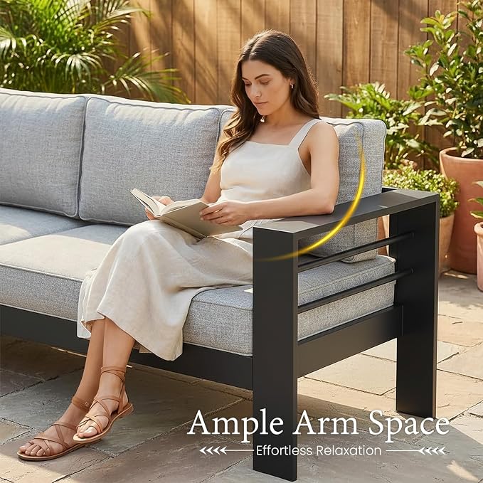 LayinSun Aluminum Furniture Set with Fire Pit Table, 5 Pieces Patio Sectional Conversation Chat Sofa Modern Seating Set