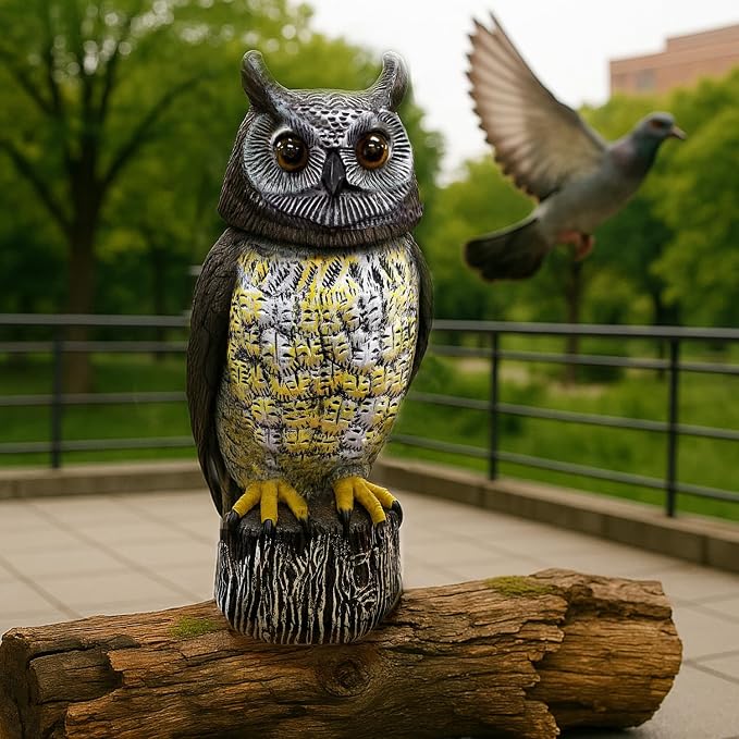 GIFTEXPRESS 1Pcs Solar Power Owl Decoy – 17" Motion Sensor Pest Repellent with Rotating Head, LED Eyes & Sound – Fake Horned Owl for Garden, Yard, Balcony, Farm, Patio, Roof, Lawn- Life Size