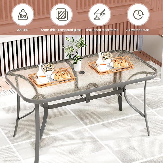 TLSUNNY 7 Piece Patio Dining Set for 6, Outdoor Table and Chairs W/1.69" Umbrella Hole & Metal Frame, 30"X 55" Rectangular Glass Table and Patio Textilene Stackable Chair W/Armrests, for Lawn Deck