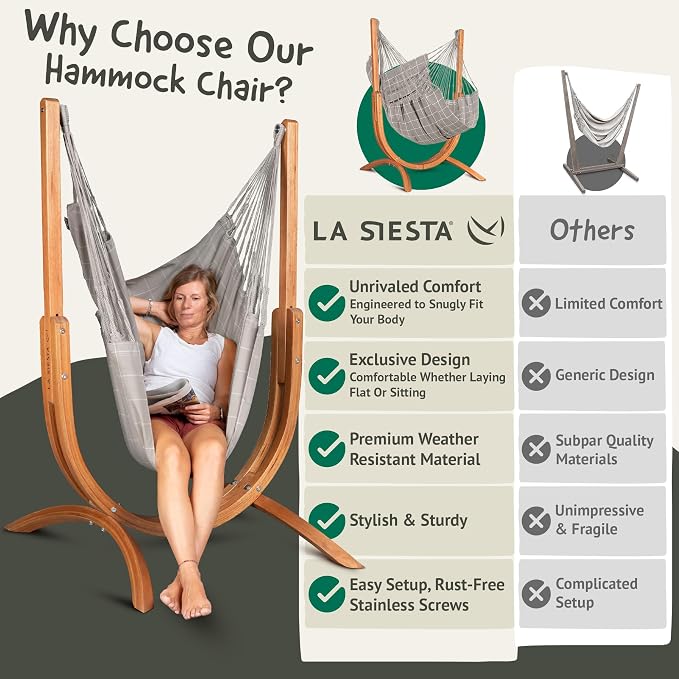 LA SIESTA Udine Outdoor Hammock Chair Set with freestanding Wooden Stand, Double-Size Weather-Resistant Hammock Chair with FSC-Certified Eucalyptus Wood Stand - Almond