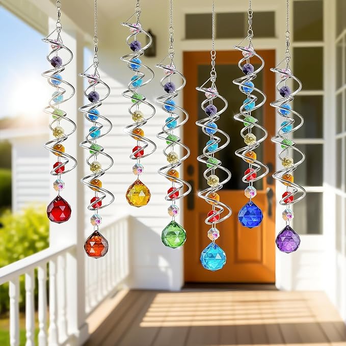 7 Pcs Crystal Gazing Ball Spiral Wind Spinner Suncatcher Garden Decor | Crystal Suncatcher Wind Spinner with Spiral Tail Gazing Ball Swivel Hook Hanging for Indoor Outdoor Yard Garden Home Decor