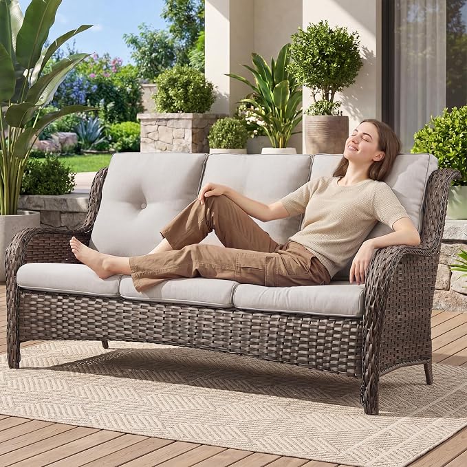 Belord Patio Sofa Luxury PE Wicker 3-Seater Outdoor Couch, Modern All-Weather High Back Deep Seat Woven Furniture Set for Porch, Deck, Balcony, Backyard - Brown/Beige