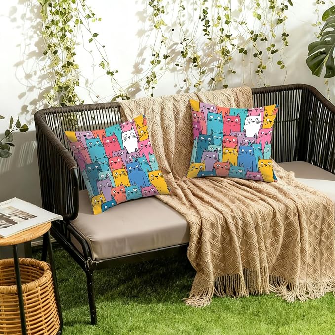 20x20 Inch Outdoor Pillow Covers Set of 2 Waterproof Throw Pillow Covers Decorative Couch Cushion Covers Colorful Cats Pattern Square Pillowcases Protectors for Patio Garden Sofa