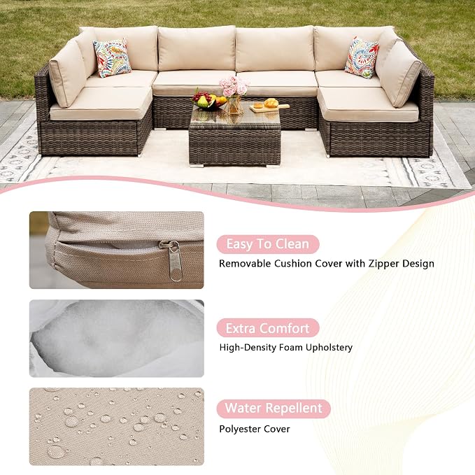 7-Piece Outdoor Patio Furniture Set - PE Wicker Sectional Sofa Set,with (Beige) Cushions and Glass-Top Coffee Table, Perfect for Gardens, Poolside, Backyard, Beige/Brown