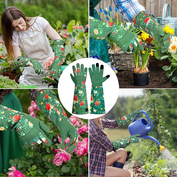 DLY Garden Gloves for Women,Gardening Gloves,Garden Gift for Lady,Blue,XL | Lightweight Microfiber Leather, Breathable Long Cuff, 3-Finger Touchscreen, Green Rose Print, Pruning, Weeding & Yard Work