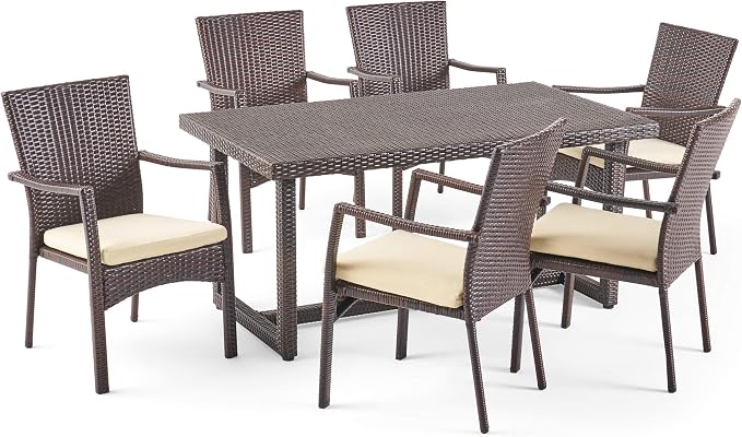 Christopher Knight Home Able Outdoor 7 Piece Wicker Dining Set, Multibrown with Crème Cushions