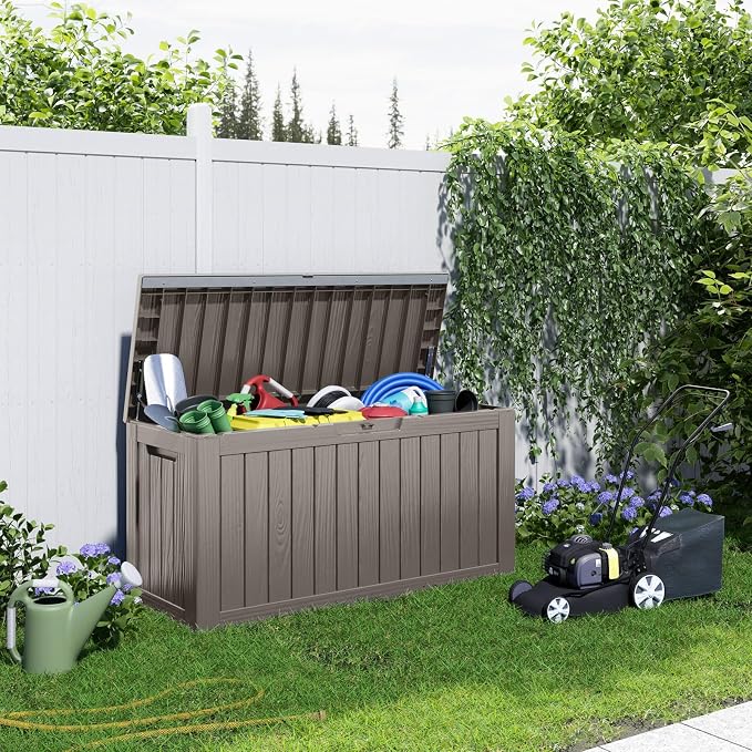 Resin Deck Box Outdoor Storage Box Waterproof for Patio Furniture,Outdoor Cushions,Garden Tools and Pool Supplies (Grey, 85 Gallon)