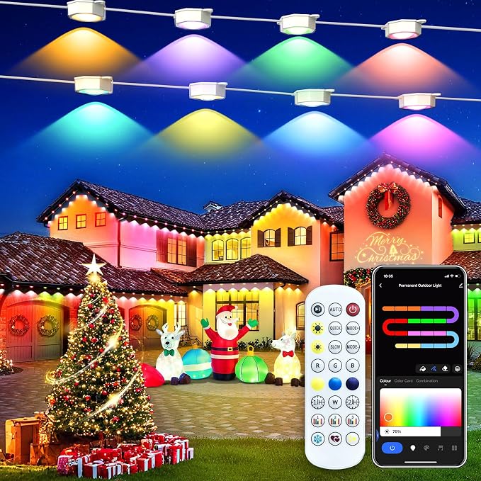 Smart Permanent Outdoor Lights for House, 200ft with 96 RGB+IC Outdoor Permanent Lights, P67 Waterproof with DIY Scene for Halloween Christmas Decor, Remote Control, Work with Alexa, Google Assistant