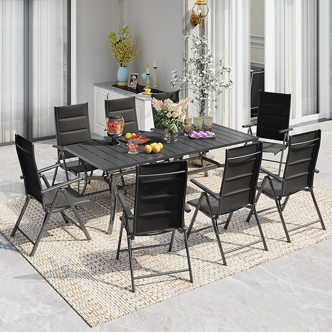 BUPPLEE 9-Piece Outdoor Dining Set with 8 Padded Aluminum Foldable Chairs & Rectangular Table with Umbrella Hole - Patio Furniture for Backyard, Balcony, Poolside