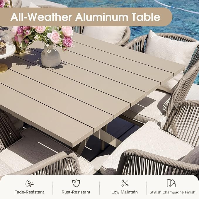 PURPLE LEAF 11 Pieces Patio Dining Set Wicker Outdoor Furniture Rectangular Table and Chairs Set for Garden Deck Aluminum Frame Backyard Kitchen Set, Cushions and Pillows Included Champagne