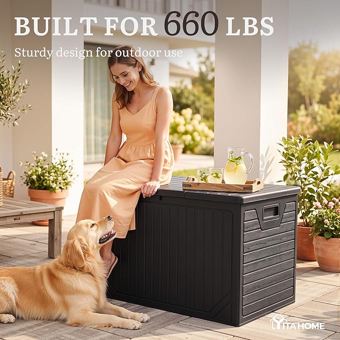 YITAHOME 230 Gallon Extra Large Outdoor Storage Box, Waterproof Double-Wall Deck Box with Hydraulic Piston for Garden Tools, Pool Accessories & Cushions, Resin Deck Organizer with Bench Seat(Black)
