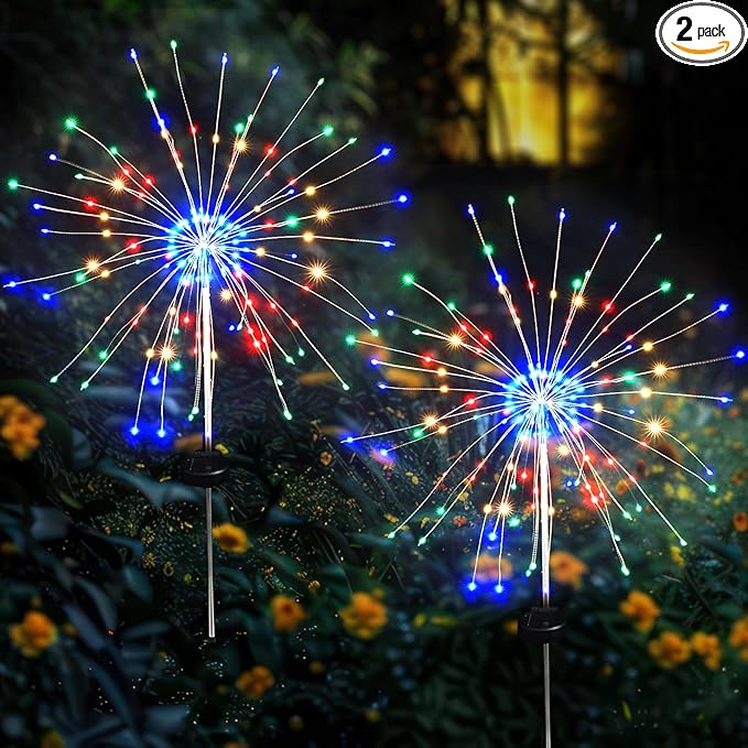 Solar Garden Firework Lights Outdoor Waterproof, 2 Pack Solar Lighting with 8 Lighting Modes , 120 LED Sparklers String Lights for Outside Decor Yard Pathway Halloween Decorations(Colorful)