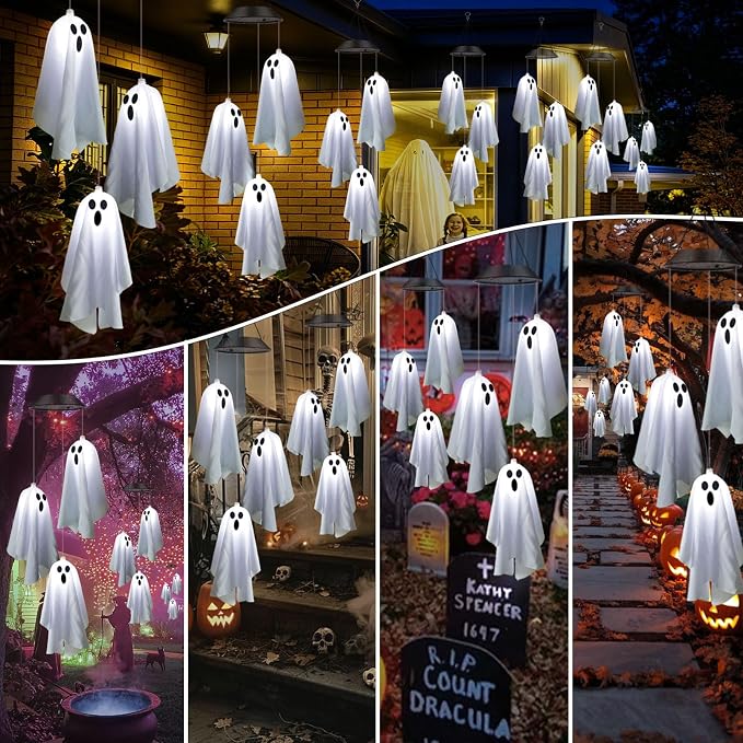 2Pack Hanging Ghost Swing Solar Lights for Halloween Decorations | 6Pc Spooky White Ghosts with ON/FLASH Lighting Mode, Cute Light Up Ghost Kit for Garden Yard Tree Front Porch Halloween Decor