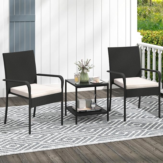 Tangkula 3 Pieces Patio Furniture Set, PE Rattan Outdoor Cushioned Conversation Chairs with 2-Tier Tempered Glass Tabletop Table, for Balcony, Garden and Poolside (Off White)