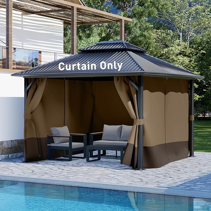 Aoodor 12x12 ft Outdoor Gazebo Curtains, 4 Panels Waterproof Privacy Sidewall Replacement with Zipper for Patio Pergola and Canopy, Light Coffee and Coffee