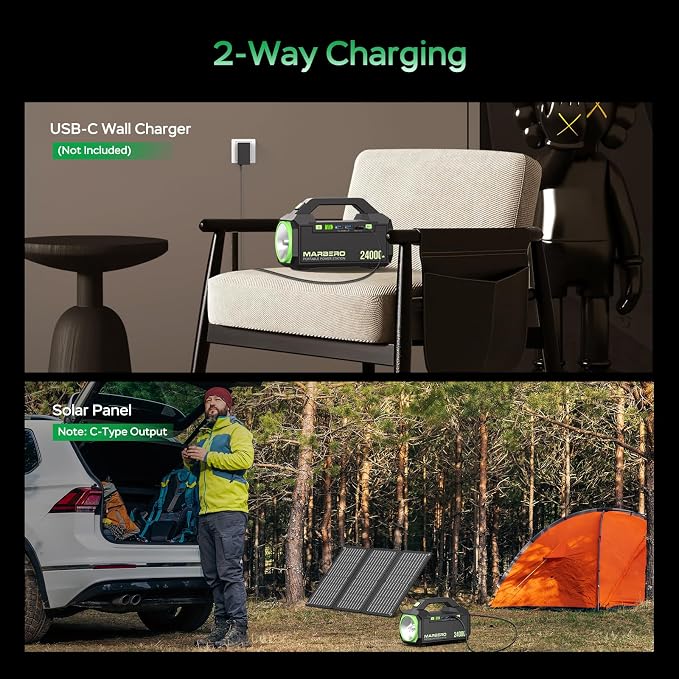 MARBERO Portable Charger Power Bank 24,000mAh Portable Power Station 88.8Wh Solar Generator 60W Power Bank with USB QC3.0/PD3.0 Output for Camping Emergency Travel Fishing Outdoor Exploration