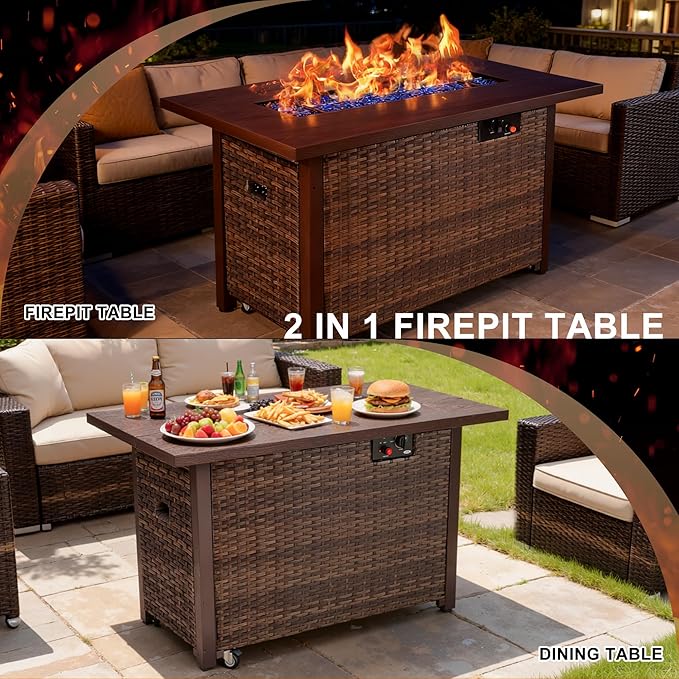 9 Piece Patio Furniture Set with 42" Fire Pit Table, Outdoor Wicker Rattan Sectional Sofa Set, Patio Conversation Set with Thickened Cushions (Grey)