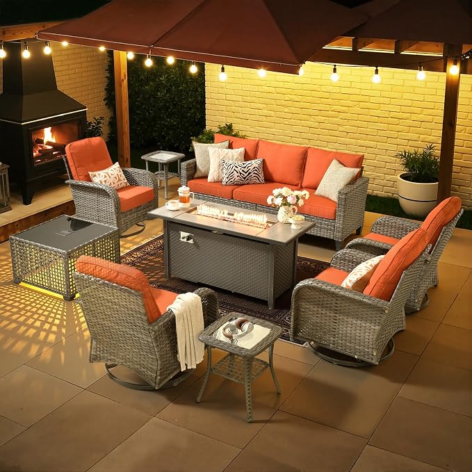 CAODOC 9 Pieces Outdoor Furniture,Patio Furniture with 54" Fire Pit Table,Wicker Conversation Set for Balcony,Deck,Pool and Backyard(Orange)