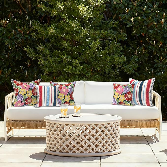 LVTXIII Outdoor Throw Pillows 16x16 Patio Waterproof Square Pillows with Piping Fade Resistant Accent Pillow for Spring Summer Garden Decoration, Set of 2, Flower Bloom