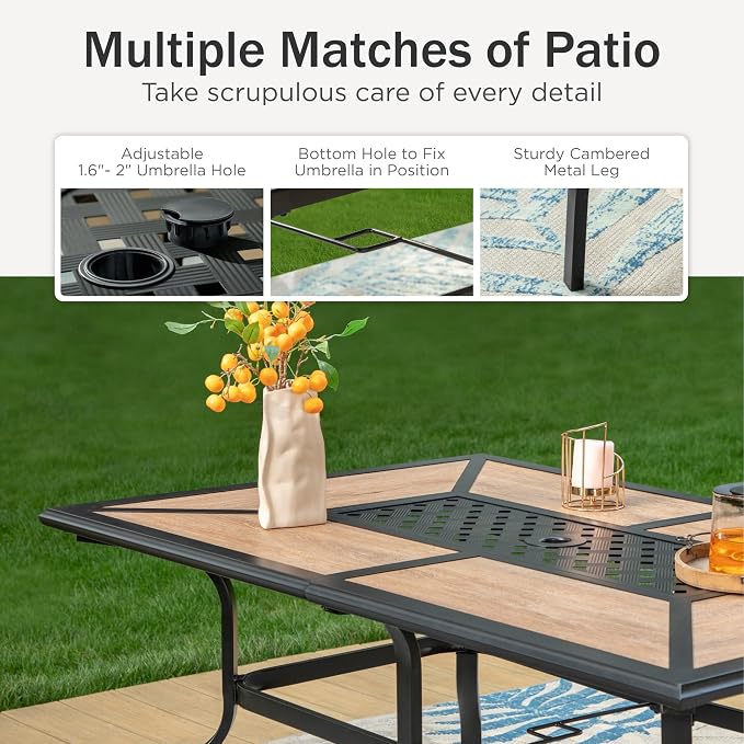 PHI VILLA 8 Pcs Outdoor Dining Set with 13ft Umbrella, Mesh Dining Chairs | 60'' wood-look rectangular table, 6 patio textilene chairs and 13ft orange red umbrella(NO BASE) for deck, garden, backyard