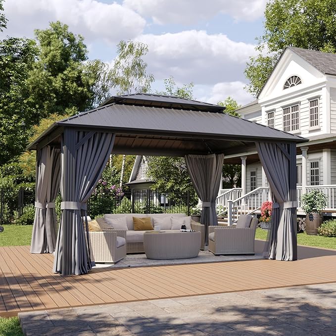 Aoxun 12Ft X 12Ft Hardtop Gazebo, Aluminum Metal Outdoor Gazebo with Breathable Netting and Curtains, Galvanized Steel Double Top, Permanent Patio Pavilion for Backyard, Wedding, Party
