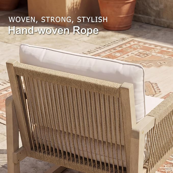 SUNSITT 6-Piece Acacia Wood Patio Furniture Set, Outdoor Conversation Sofa Set with 3-Seat Sofa, 4 Rope Woven Outdoor Club Chairs & Slatted Coffee Table, Cream White Cushions for Porch, Backyard, Deck