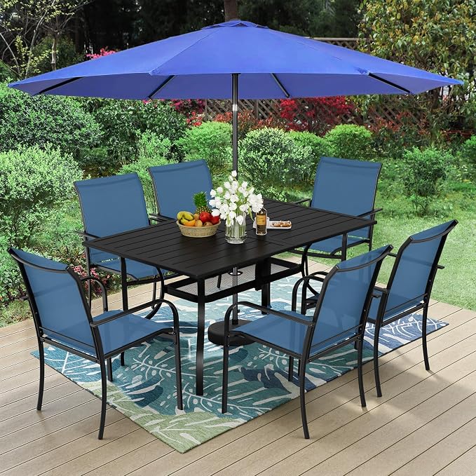 7-Piece Patio Dining Set,6 Person Outdoor Table and Chairs Set, 6 Metal Dining Chairs and Rectangular Outdoor Table with 1.57" Umbrella Hole,Blue