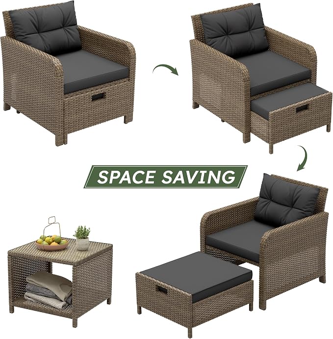 LHBcraft 5 Pieces Patio Set, PE Rattan Patio Conversation Set with Soft Cushions & Coffee Table, Outdoor Chairs with Hidden Ottoman for Porch, Lawn, Garden, Balcony, Black