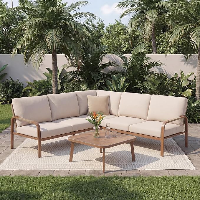 Aluminum Patio Furniture Set with Coffee Table, 4 Pieces Outdoor Couch Sectional, L Shaped Patio Sofa, Outdoor Seating Conversation Set,Beige