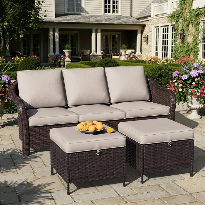 3 Piece Patio Wicker Conversation Set, All-Weather Use Outdoor Wicker Sofa with 2 PE Rattan Ottomans, Ideal for Porch, Backyard, Balcony, Poolside, Beige