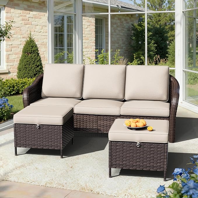 Outdoor Sectional Couch Set | 78" 3-Seat Couch with 2 Ottomans, Patio Conversation Furniture Set, Outside Wicker Furniture with Washable Cushions (Beige)