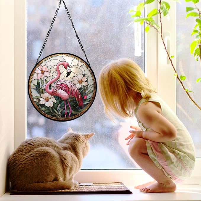 DASTOLL Stained Glass Window Hanging, Flamingo Flower Sun Catchers Diamond Glass Panel Hangings Pink Suncatcher Decor for Birthday for Women, Men, Wife, Aunt, and Mom 11.8x11.8 in