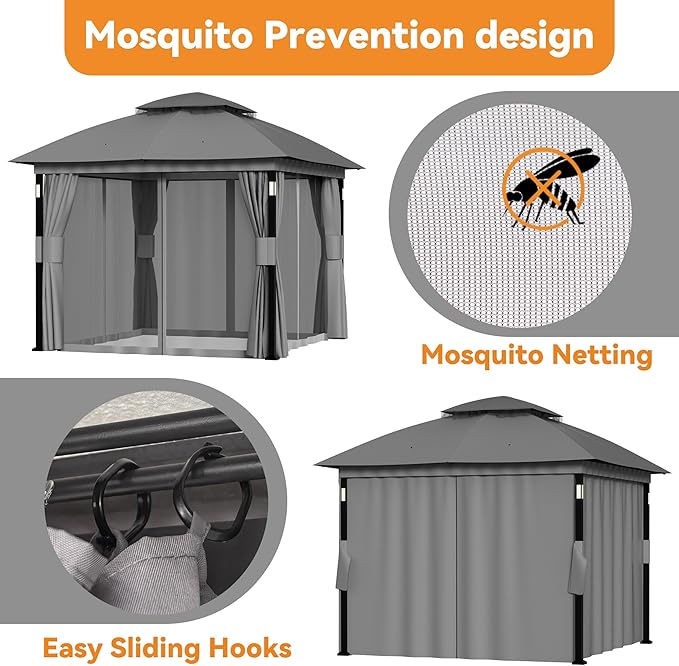 Covered Outdoor Patio Gazebo 10'x10' with LED Lights & Bluetooth Speaker, Heavy Duty Outdoor Canopy Shelter with Metal Frame, Double Roofs, Soft Top Gazebo with Netting and Curtains for Backyard, Gray