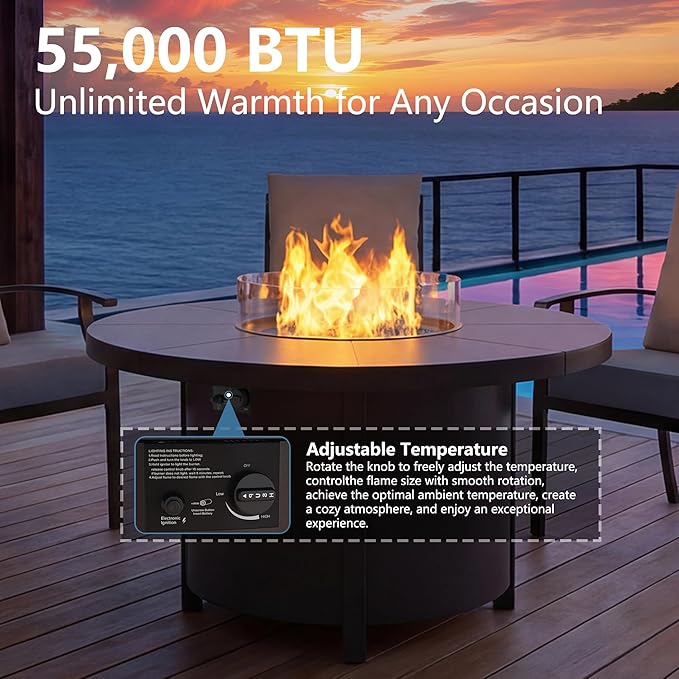 7 Pieces Outdoor Patio Furniture Set with 48" 55000 BTU Round Propane Fire Pit Table,Patio Dining Set Outdoor Conversation Sets 6 Chairs for Deck,Backyard and Garden,Dark Blue