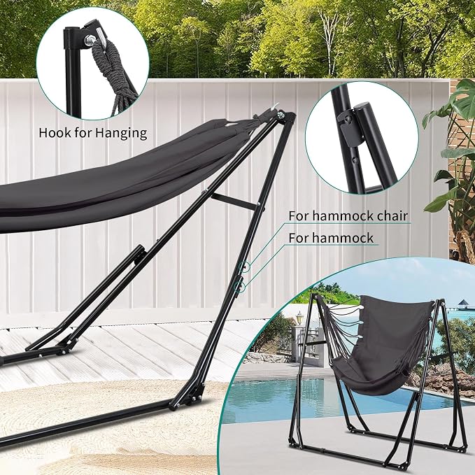 Ainfox Hammock with Foldable Stand, 2 in 1 Hammock and Swinging Chair with Carrying Bag, Portable Camping Chair Suitable for Outside, Swing,Patio,Garden,Camping Trip Grey