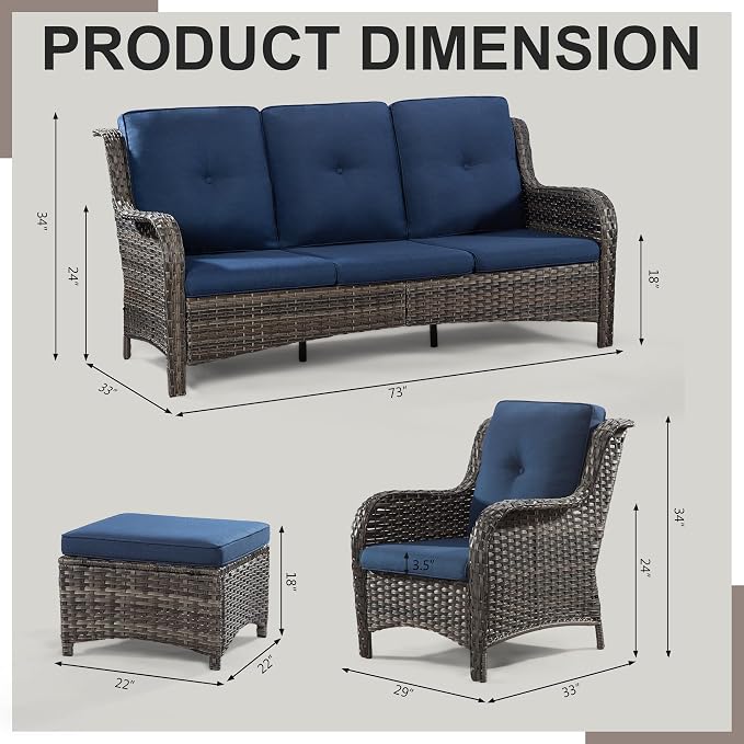 Wicker Patio Furniture Sets 7 Piece Set with One 3-Seat Sofa, 4 WIkcer Chairs, 2 Ottomans, Wicker Outdoor Furniture Set Patio Conversation Set, Blue