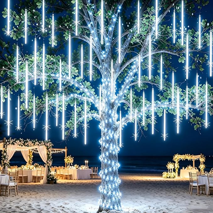 Christmas Rain Lights Outdoor 12" 10 Tubes, White | 240 LEDs Meteor Shower Light Falling Rain Drop Lights Icicle Cascading Xmas String Light for Tree Wedding Party Garden Decor