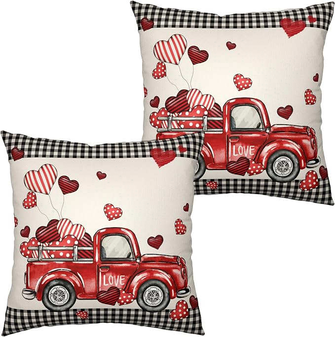 Valentines Throw Pillow Covers 20x20 Valentines Day Red Truck Pillow Covers Pack of 2 Heart Balloon Black Buffalo Plaid Decoarative Pillow Case for Home Outdoor Deocr Couch