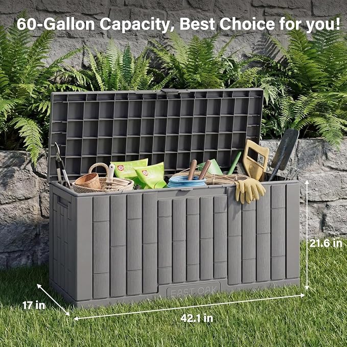 EAST OAK Outdoor Storage Box, 60 Gallon Deck Box Indoor and Outdoor Use, Waterproof Resin Storage Bin for Patio Cushions, Gardening Tools, Lockable, UV Resistant, Ash Grey