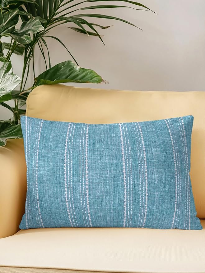 Vandarllin Waterproof Outdoor Pillow 1 Pack Blue Linen Stripes Decorative Throw Pillows Cover & Insert 20x12 Inch Lumbar Pillowcase Parallel Vertical Lines Pillows for Couch Sofa Bed Patio Furniture