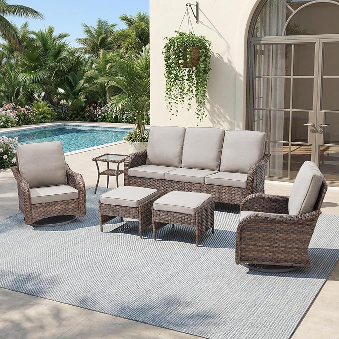 Patio Furniture Set - 6 Pieces All Weather Wicker Outdoor Furniture with 2 Swivel Chairs, 2 Ottomans 1 Sofa and Side Table, Ergonomic Design for Porch, Deck, Balcony, Garden, and Backyard(Beige)