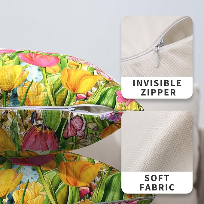 Tulip Pillow Covers 22x22 Set of 2 Spring Throw Pillow Covers Pink Yellow Tulip Floral Outdoor Pillowcase Watercolor Cotton Linen Cushion Case for Sofa Outdoor Patio