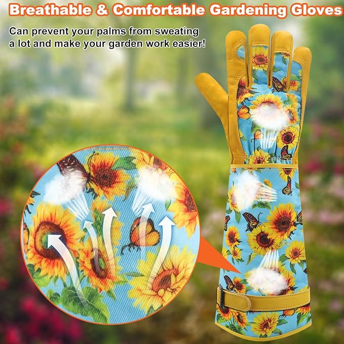 DLY Garden Gloves for Women,Gardening Gloves,Gardening Gift for Lady,Blue,L | Thornproof Cowhide Palm, Foam-Padded Grip, Long Sunflower Print Cuff, 3-Finger Touchscreen, Rose Pruning, Weeding & Yard Work