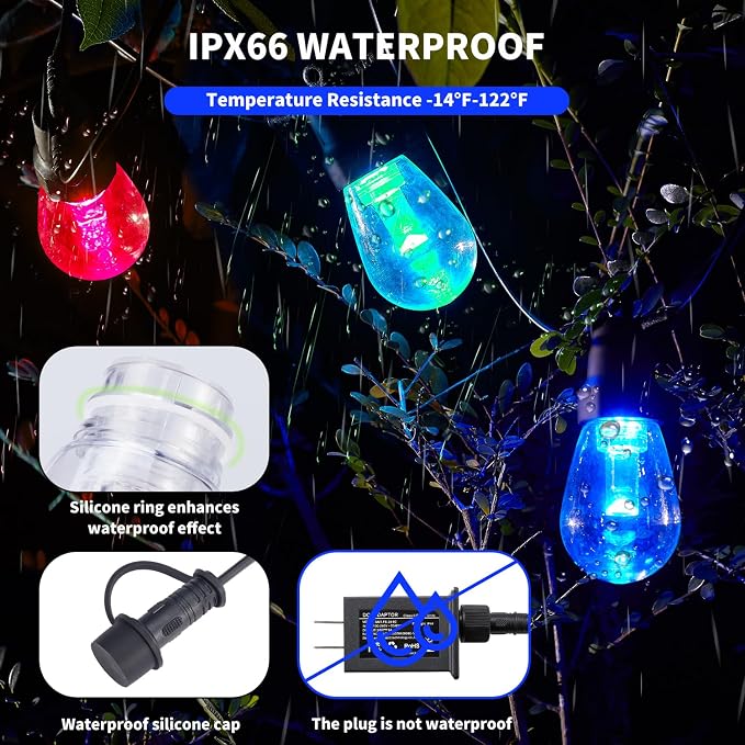 CAWWS Outdoor String Lights 50FT, Color Changing Patio Lights, Waterproof | 20 Shatterproof LED Bulbs, Multicolor & Warm White, Dimmable, IP67 Waterproof, APP & Remote, Custom Colors, 24V Low Voltage