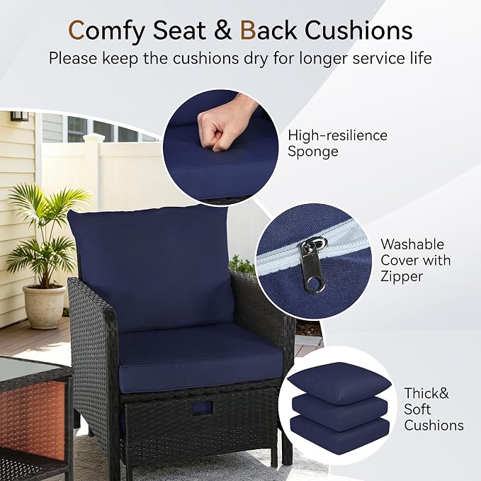 5 Pieces Patio Furniture Set, Rattan Outdoor Lounge Chairs with Soft Cushions,Outdoor Wicker Patio Conversation Set with Hidden Ottoman and Coffee Table for Porch, Garden, Backyard (Dark Blue)