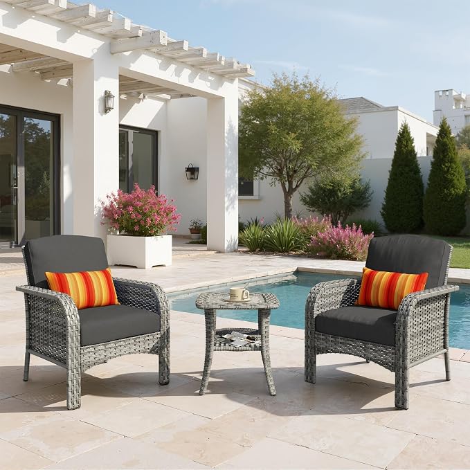 3 PCS Outdoor Patio Furniture Set with Side Table, All-Weather Rattan Wicker Outdoor Conversation Set with Thickened Cushions for Balcony Backyard Garden Lawn,Black