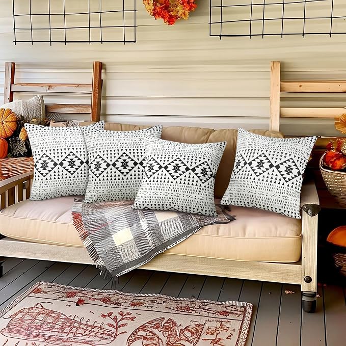 18x18 Inch Outdoor Waterproof Pillow Covers Set of 2 Geometric Decorative | Outdoor Pillow Covers for Patio Funiture GardenInch Black and white