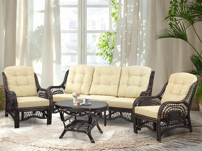 Malibu Lounge Set of 4: 2 Natural Rattan Wicker Chairs, Three-Seater Sofa with Cushions and Coffee Table with Glass Handmade, Dark Brown Color
