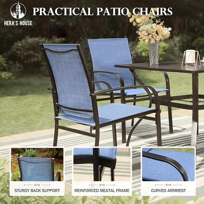 HERA'S HOUSE 7 Pieces Outdoor Dining Set, Wood-Grain Metal Table with Umbrella Hole, Patio Table and Chairs for Yard Garden Porch Poolside, Blue