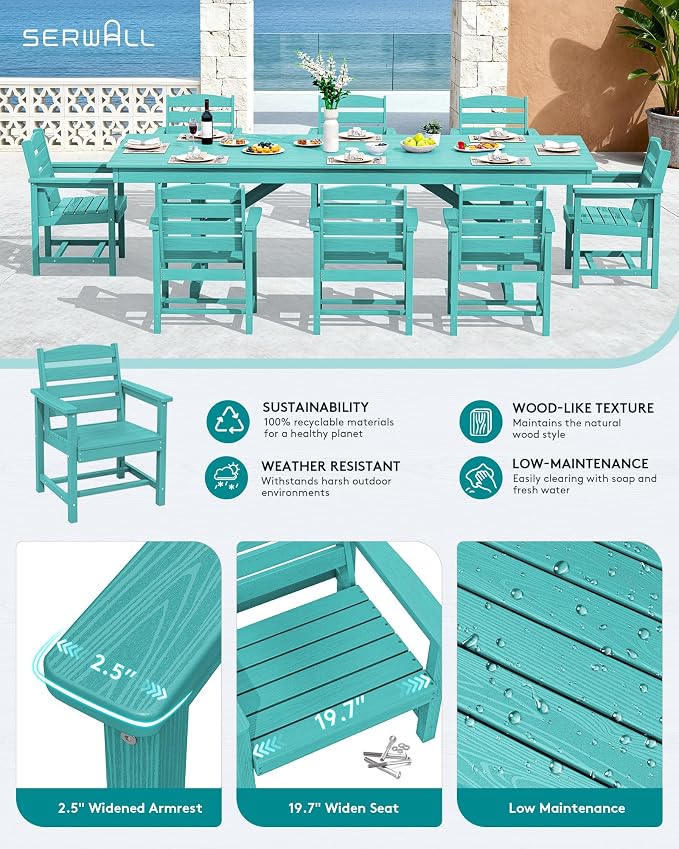 SERWALL 9 Piece 84" HDPE Outdoor Dining Set for 8 with Armchairs, Aruba | All Weather HDPE Material and Pre-drilled Umbrella Hole